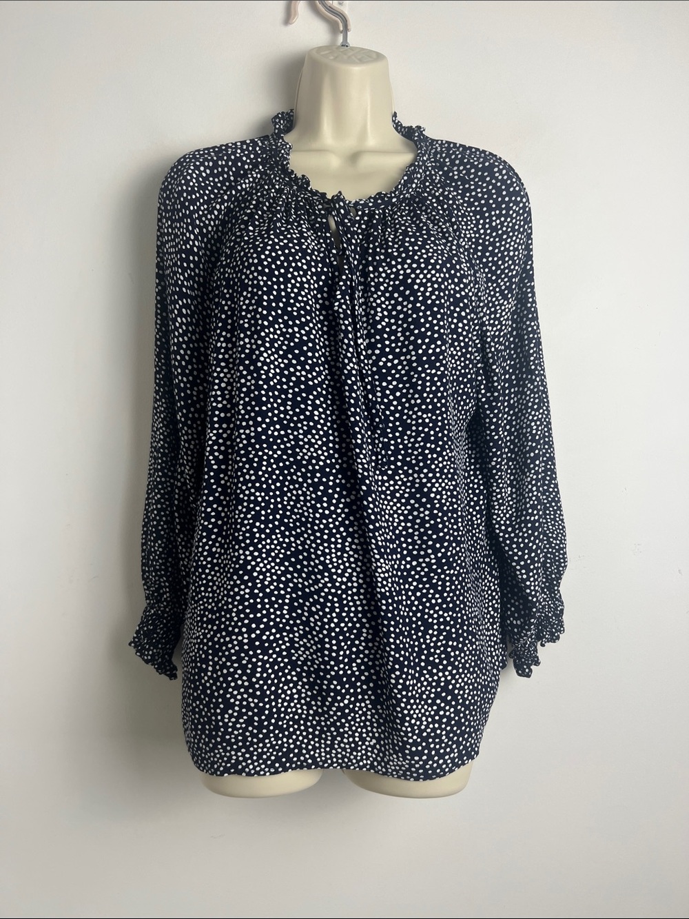 LOFT Large Navy Blue & White Polka Dot Long Sleeve Ruffled Neckline Smocked Top